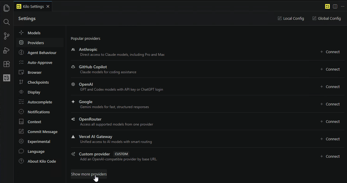 Kilo Code Providers screen