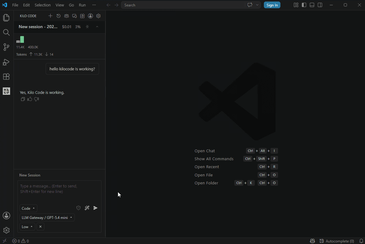 Kilo Code chat active with OffRail